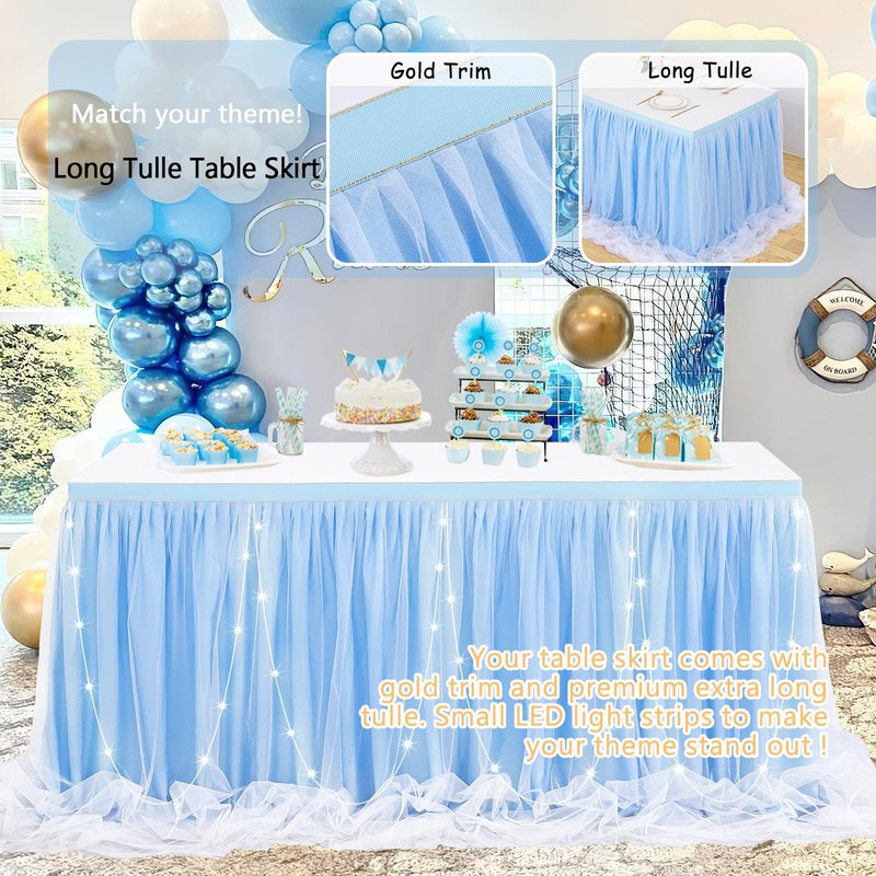 Baby Blue Tulle Table Skirts for Boy Birthday Party 14ft Baby Blue Tutu Table Cloths for Baby Shower Dessert Cake Table Decor