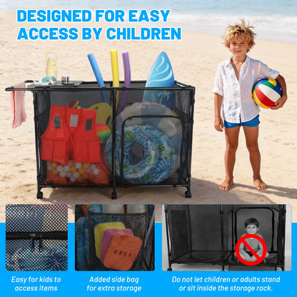 Arejonner 152Gal Pool Storage Organizer with Tabletop,Towel Bar,Zipper Doors,360° Rotating Wheels,Weather-Resistant,Easy Assembly,for Indoor Outdoor,Pool,Patio,Beach (M Size)