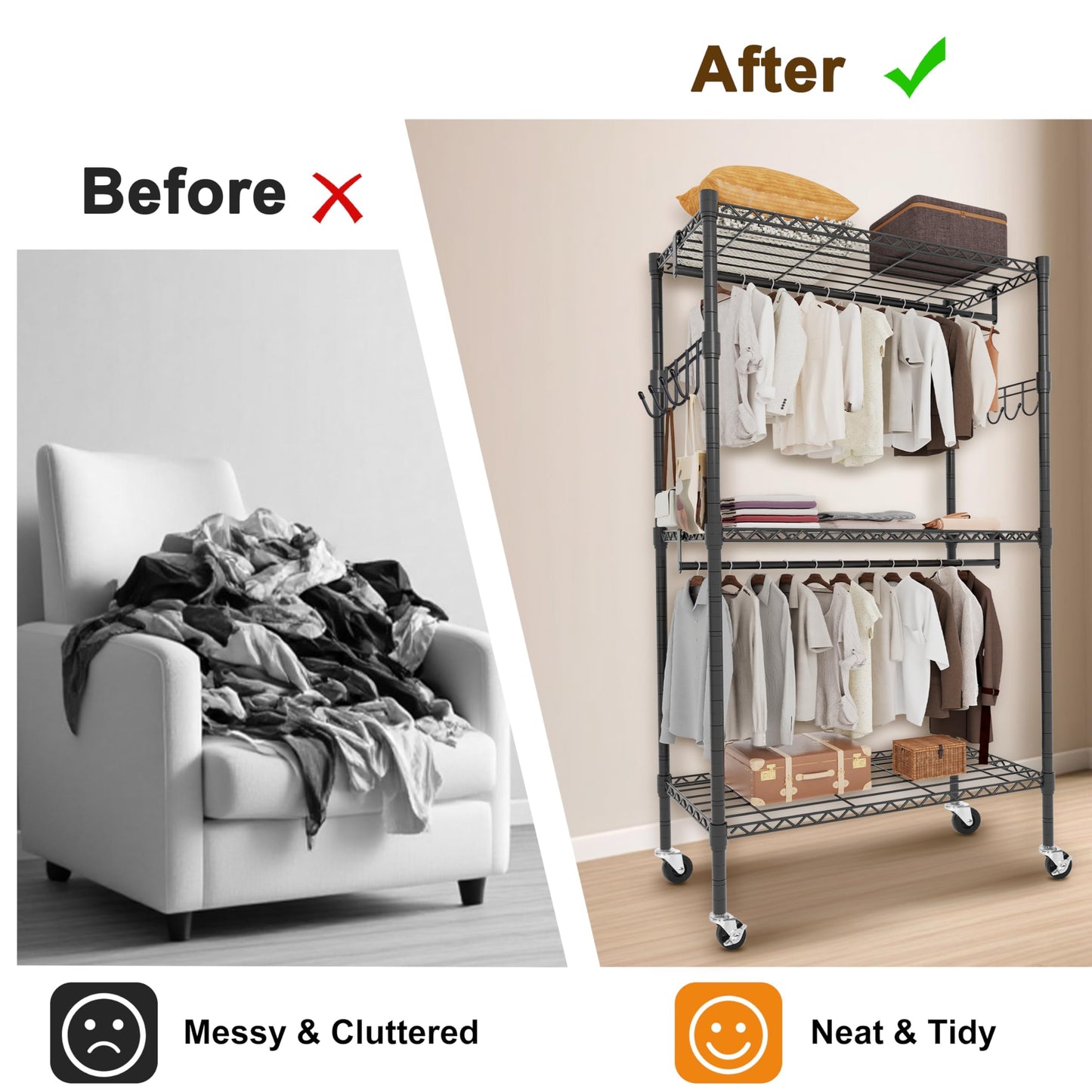Whitmor 3 Tier Rolling Garment Rack, Heavy Duty Adjustable Metal Clothing Rack with Side Hooks, Double Rods & 360° Lockable Wheels, Max 600LBS for Hanging Clothes, 43" L x 18" W x 80" H, Black