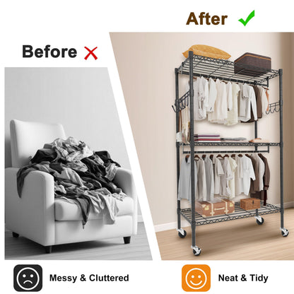 Whitmor 3 Tier Rolling Garment Rack, Heavy Duty Adjustable Metal Clothing Rack with Side Hooks, Double Rods & 360° Lockable Wheels, Max 600LBS for Hanging Clothes, 43" L x 18" W x 80" H, Black
