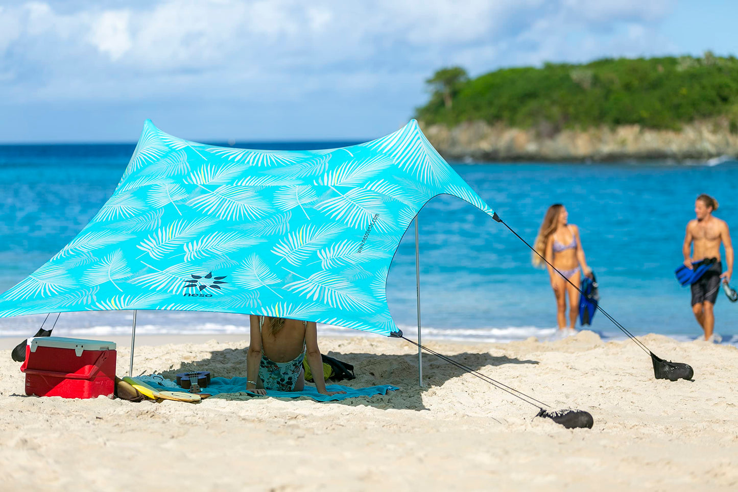 Neso Portable Beach Tent Sun Shelter with Sand Anchor - Lightweight Beach Shade Canopy - Easy Setup for Family Outings - Patented Reinforced Corners - UPF 50+ Sun Protection - 7 x 7ft - Aqua Fronds