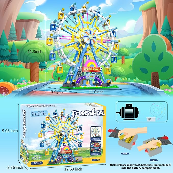 2026 Newly Upgrade Ferris Wheel Building Set with Fairy Light Two-Way Rotating Ferris Wheel Building Blocks Set of 813 PCS Amusement Park Model Kit for Kids Ages 8+ Ideas Gift for Boys and Girls