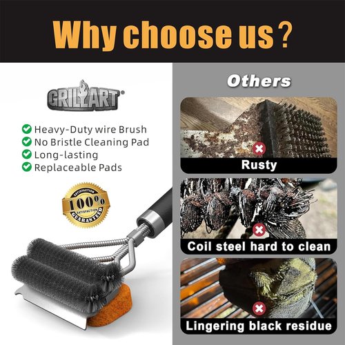 GRILLART Grill Brush - Safe & Powerful Bristle-Free BBQ Cleaner | 18" Scrubber for Gas & Porcelain Grates