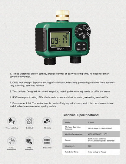MOES 2 Zone Sprinkler Timer - Programmable Automatic Irrigation Controller with Brass Inlet & Rain Delay