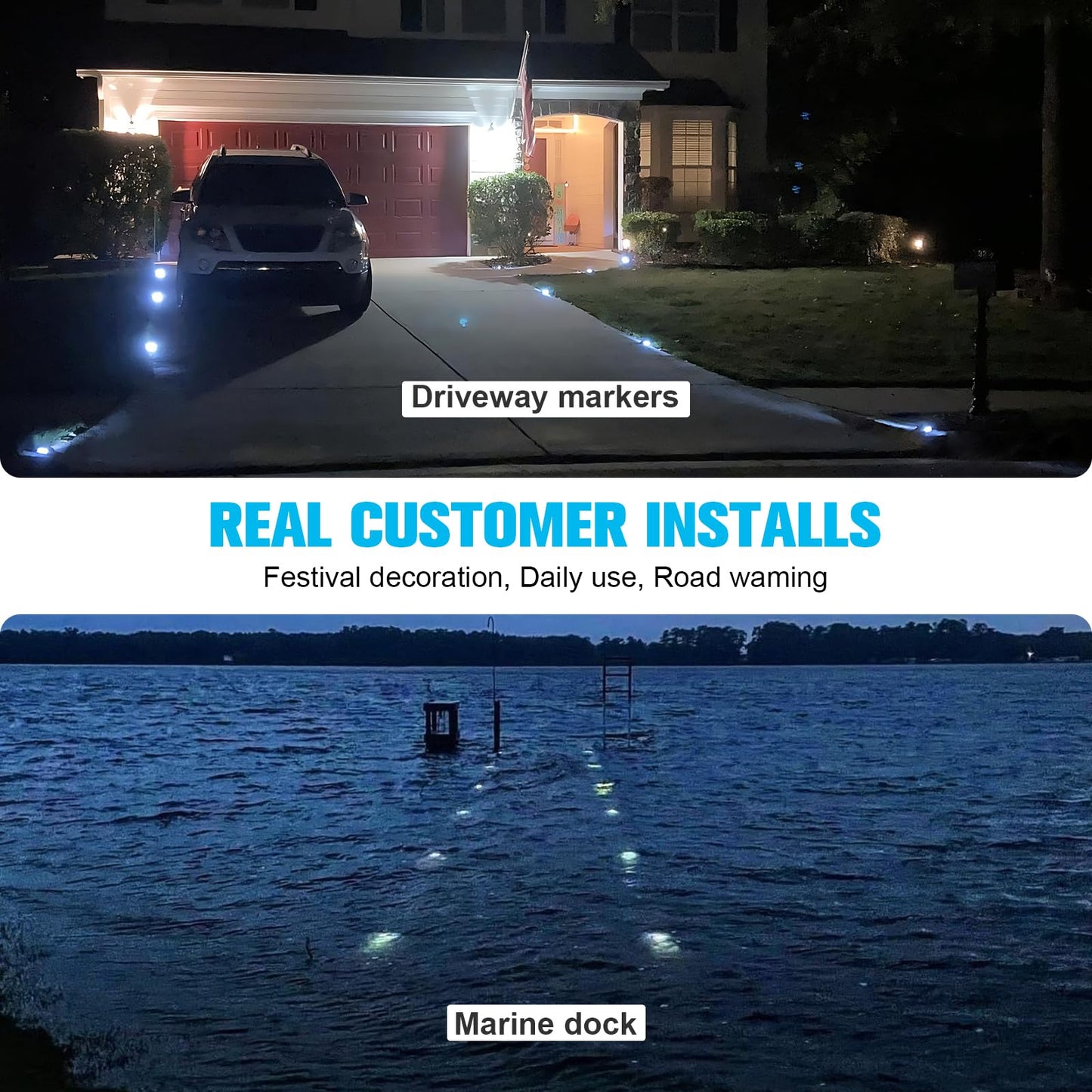 VOLISUN Solar Deck Lights Driveway Dock Lights, 12-Pack Led IP68 Waterproof Outdoor Warning Step Lights for Driveway Sidewalk Garden Pathway Yard(White, Auto On/Off