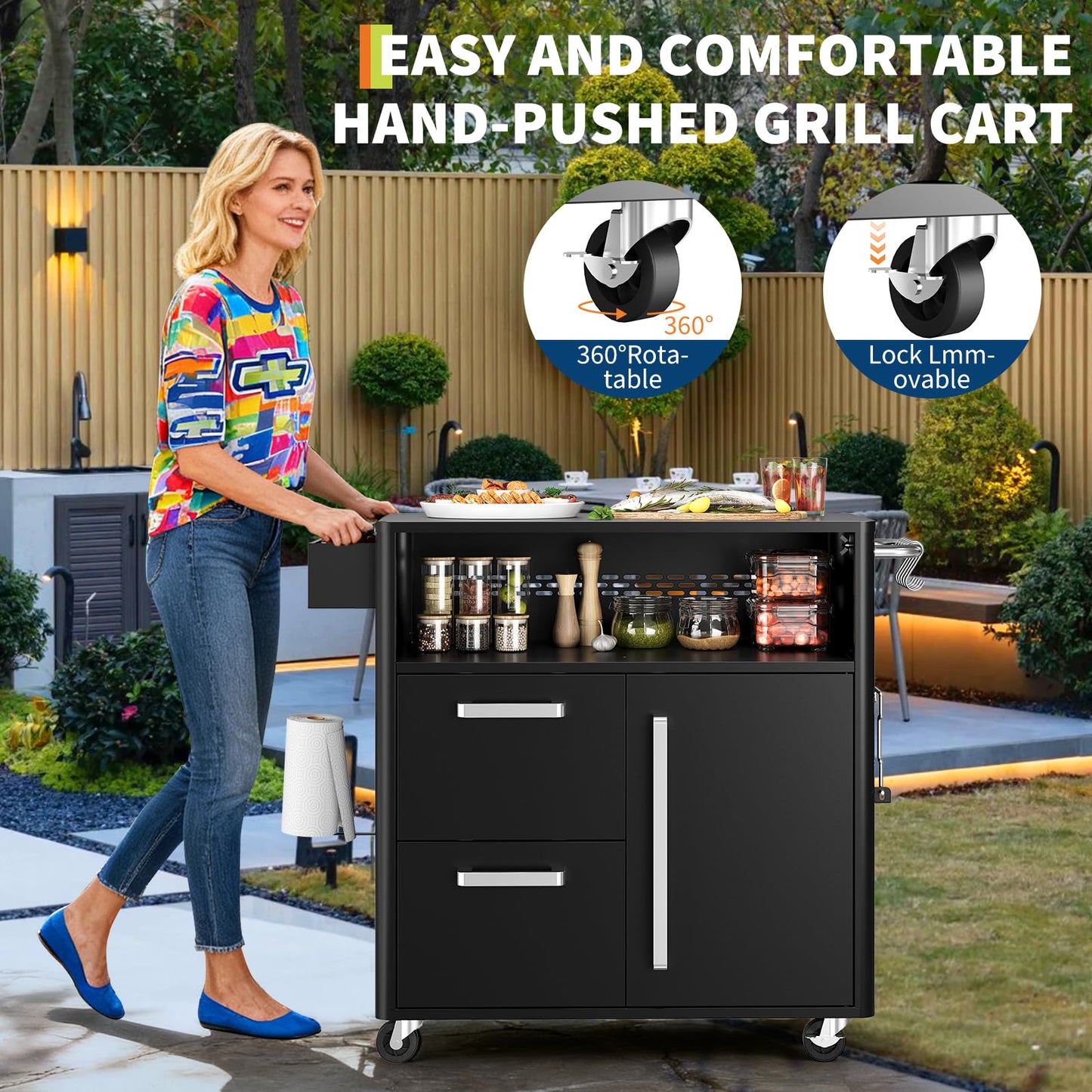 Heavy-Duty Outdoor Grill Cart with Stainless Steel Prep Table,Mobile BBQ Island Cart with Spacious Storage Cabinet & Lockable Wheels, Multi-Function Patio Kitchen Station for Grilling & Outdoor