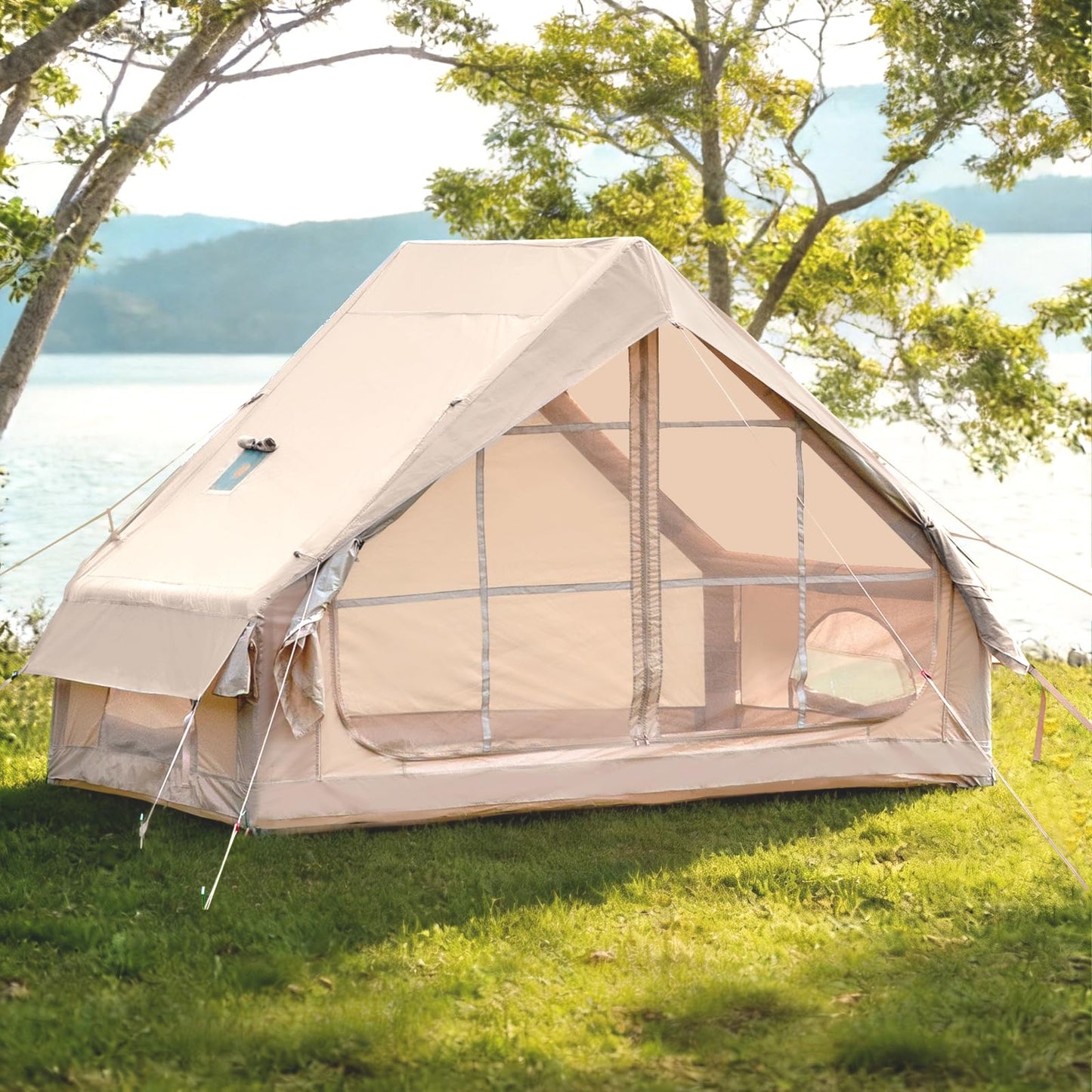 WaldZimmer 6sq Beige Inflatable Camping Tent with Hand Pump and Stove Jack Waterproof Windproof Outdoor Blow up Tent 3-4 Person Oxford 4 Season Glamping Air Tents Cabin House Easy to Set Up