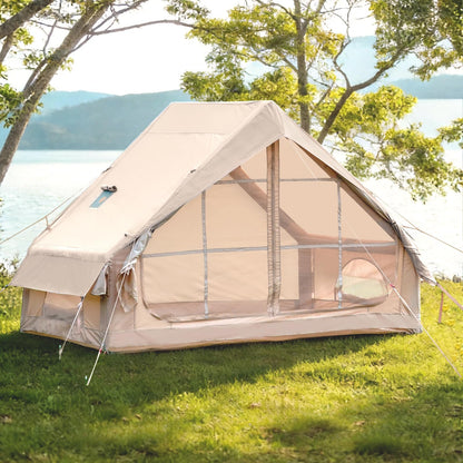 WaldZimmer 6sq Beige Inflatable Camping Tent with Hand Pump and Stove Jack Waterproof Windproof Outdoor Blow up Tent 3-4 Person Oxford 4 Season Glamping Air Tents Cabin House Easy to Set Up