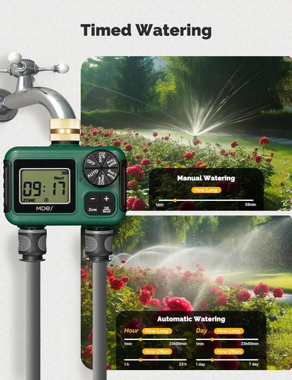 MOES 2 Zone Sprinkler Timer - Programmable Automatic Irrigation Controller with Brass Inlet & Rain Delay