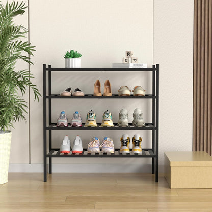 ROMGUAR CRAFT 4-Tier Bamboo Shoe Rack - Free Standing Wood Shelf for Small Spaces | 27"x11"x26" (Black)
