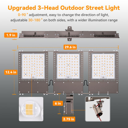2025 New Upgraded 600W Dusk to Dawn LED Parking Lot Light 90000lm 5000K, ETL, AC85-277V, IP67 Waterproof Adjustable 3-Head Street Lights Outdoor, Pole & Wall-Mounted Flood Lights for Stadium