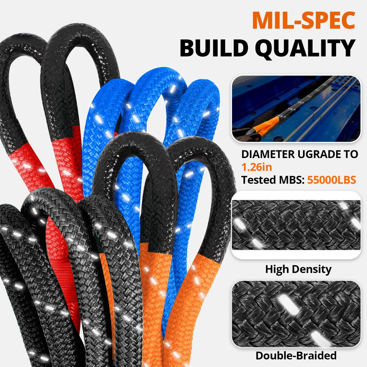 Kinetic Recovery Tow Rope - 1.26" x30FT 55000LBS Reflective Heavy Duty Snatch Strap Kit with Soft Shackles for Offroad Pulling Truck SUV UTV ATV Car Jeep - Black