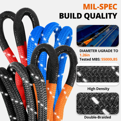 Kinetic Recovery Tow Rope - 1.26" x30FT 55000LBS Reflective Heavy Duty Snatch Strap Kit with Soft Shackles for Offroad Pulling Truck SUV UTV ATV Car Jeep - Black