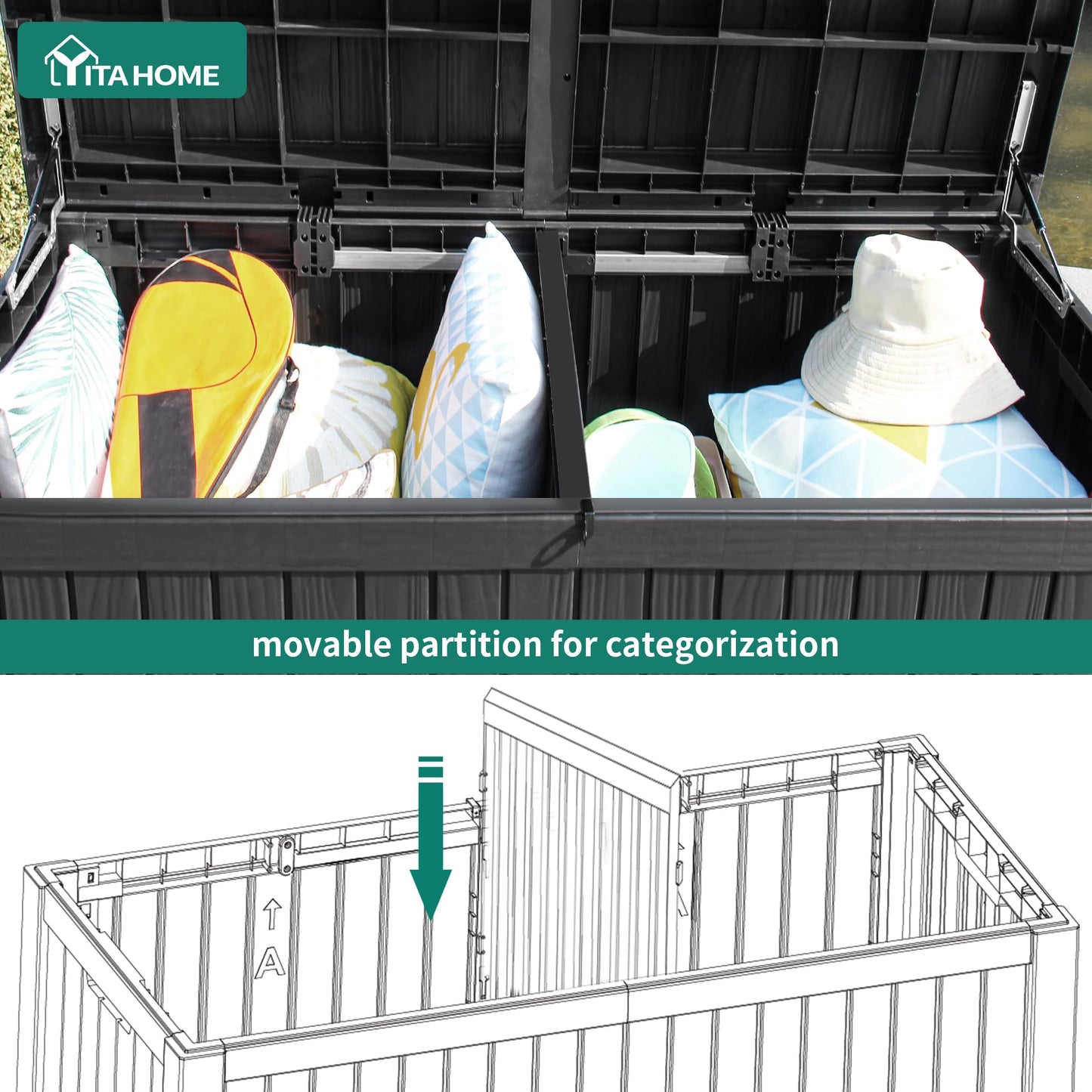 YITAHOME 180 Gallon Large Outdoor Storage XL Deck Box w/Divider for Patio Furniture,Outdoor Cushions, Garden Tools, Sports Equipment and Pool Supplies, Waterproof, Resin, Lockable, Black