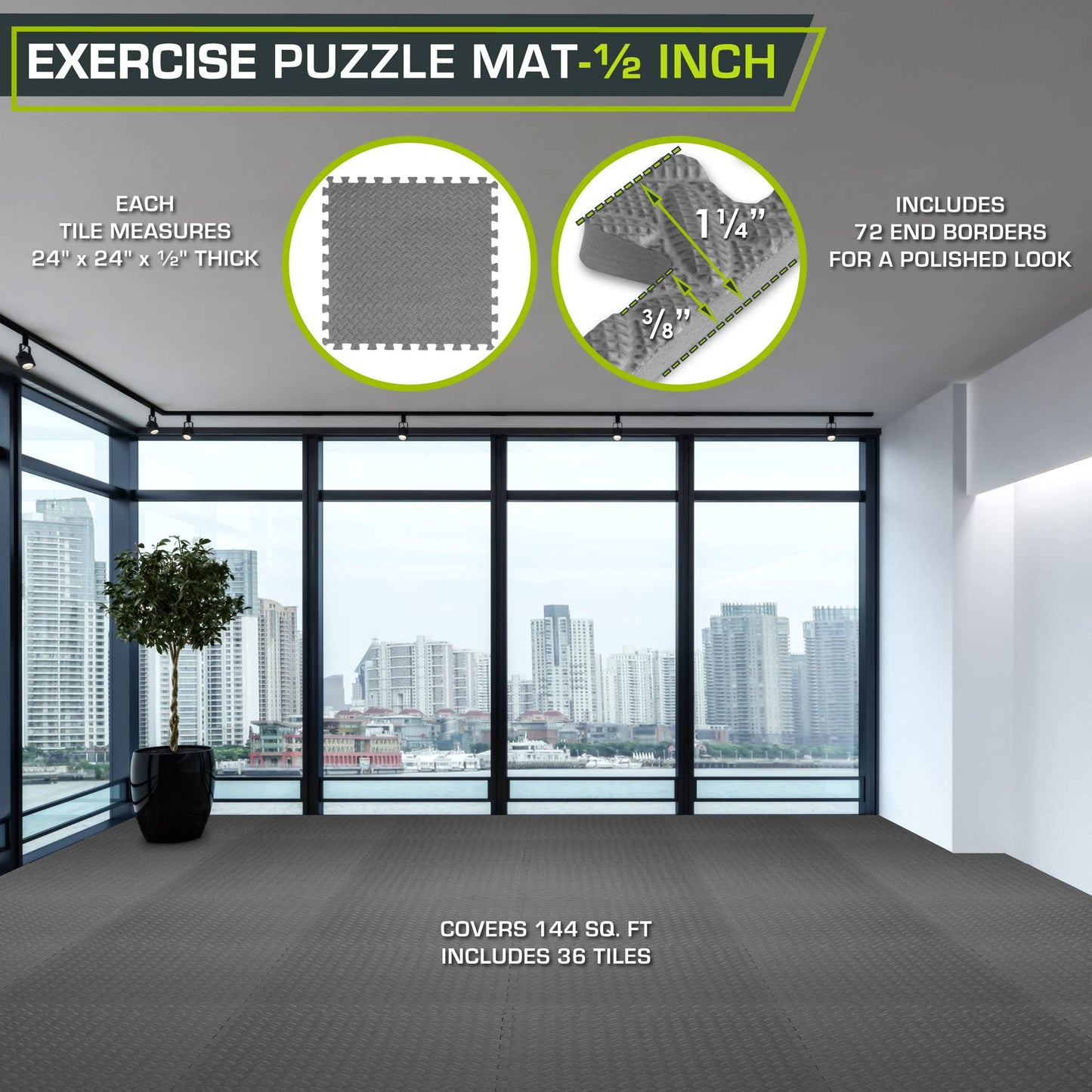 ProsourceFit Exercise Puzzle Mat ½-inch, EVA Interlocking Foam Floor Tiles for Home Gym, Workout Equipment, Kids Play Areas, Grey, 144 SQ FT - 36 Tiles