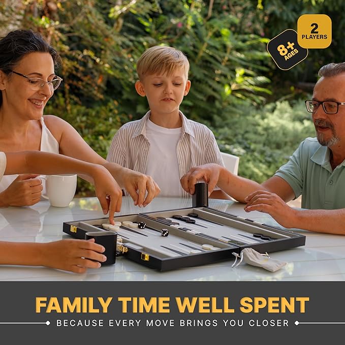 Backgammon Sets for Adults – 15-Inch Black PU Leather Board Game Set – Classic 2-Player Travel Backgammon Set with 32 Playing Pieces Dice and Cups