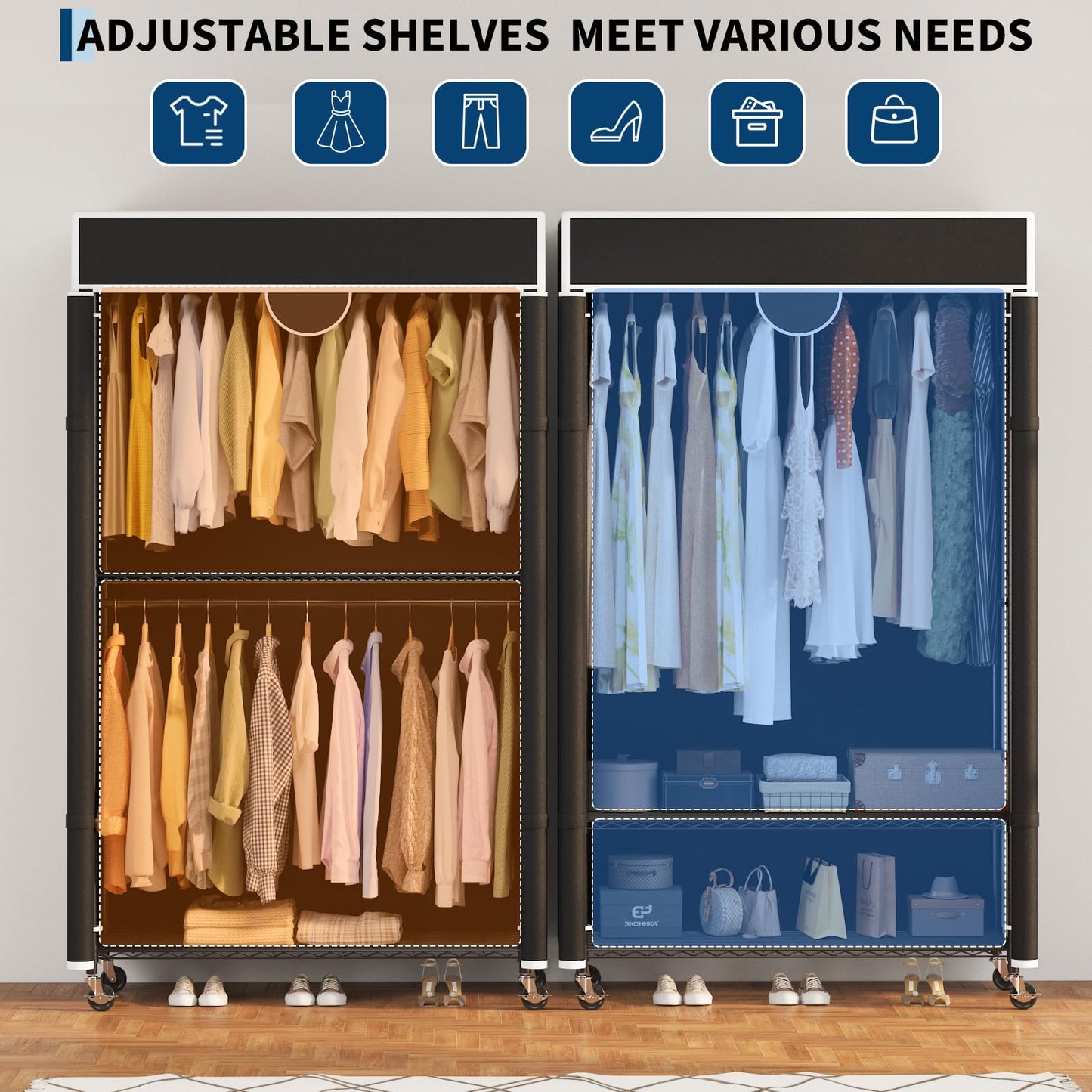 Heavy Duty Clothes Rack with Cover, 485LBS Capacity, Portable Closet Wardrobe on Wheels, Carbon Steel, Dustproof, Tool-Free Assembly, Clothes Racks for Hanging Clothes, for Bedroom, Laundry, Storage