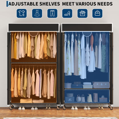 Heavy Duty Clothes Rack with Cover, 485LBS Capacity, Portable Closet Wardrobe on Wheels, Carbon Steel, Dustproof, Tool-Free Assembly, Clothes Racks for Hanging Clothes, for Bedroom, Laundry, Storage