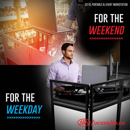 AxcessAbles Portable DJ Facade Booth with Black and White Lighting Scrims, Carry Cases | Standing DJ Table - 40" x 20" | DJ Controller Stand | Recording Mixer Stand | DJ Booth (ES-01)