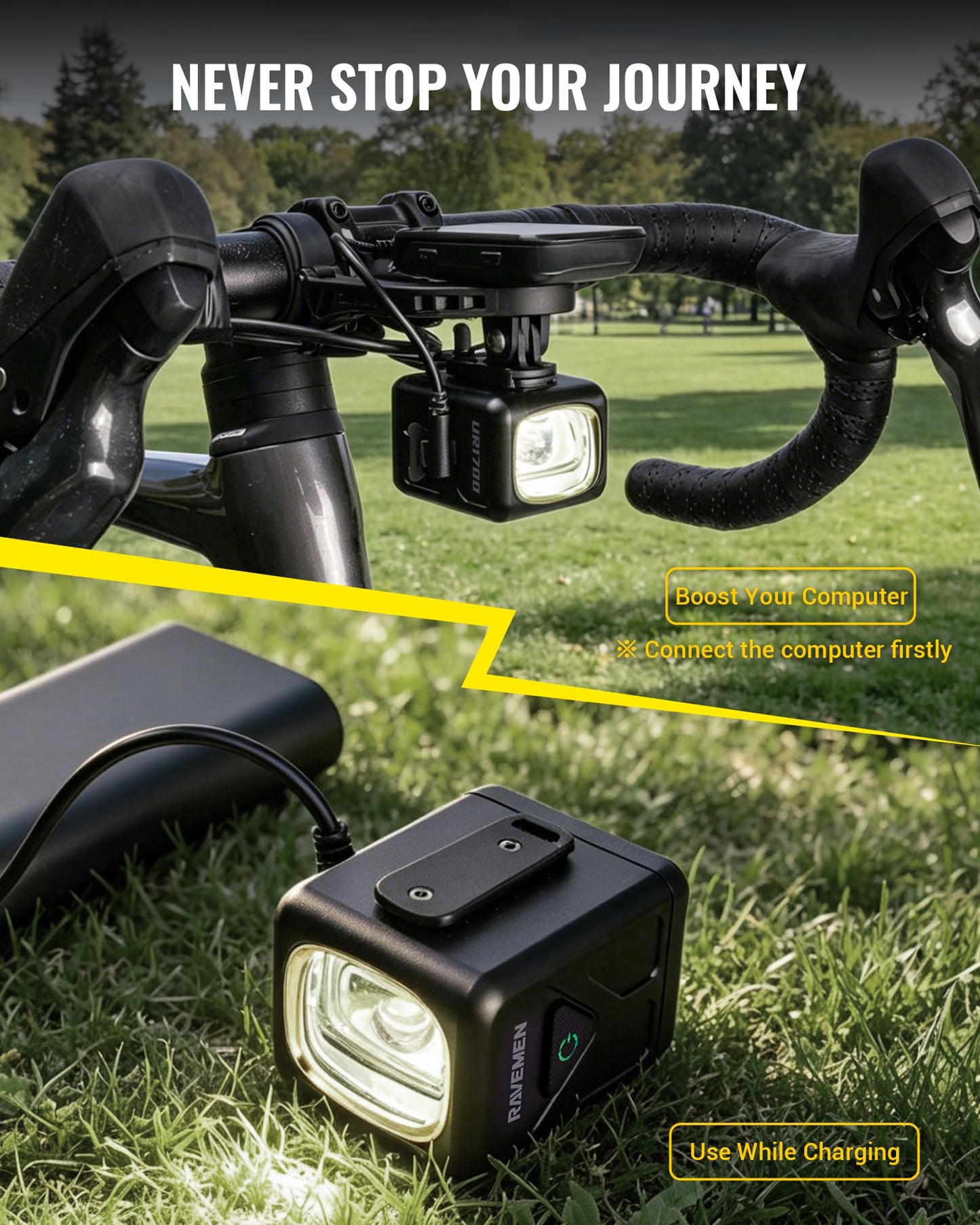 RAVEMEN UR1700 Bike Headlight, Under Mount Bicycle Light for 31.8–35mm Handlebar, Cut Off Beam | Dual Beam System | Auto On Off | Aluminum Housing | USB C Rechargeable | Road Urban Cycling