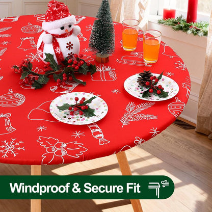Smiry Round Spandex Tablecloth, Elastic Fitted Washable Tablecloths for 45"-56" Tables, Waterpoof Stretch Picnic Table Cover for Dining, Indoor and Outdoor, Holly Berry & Gift
