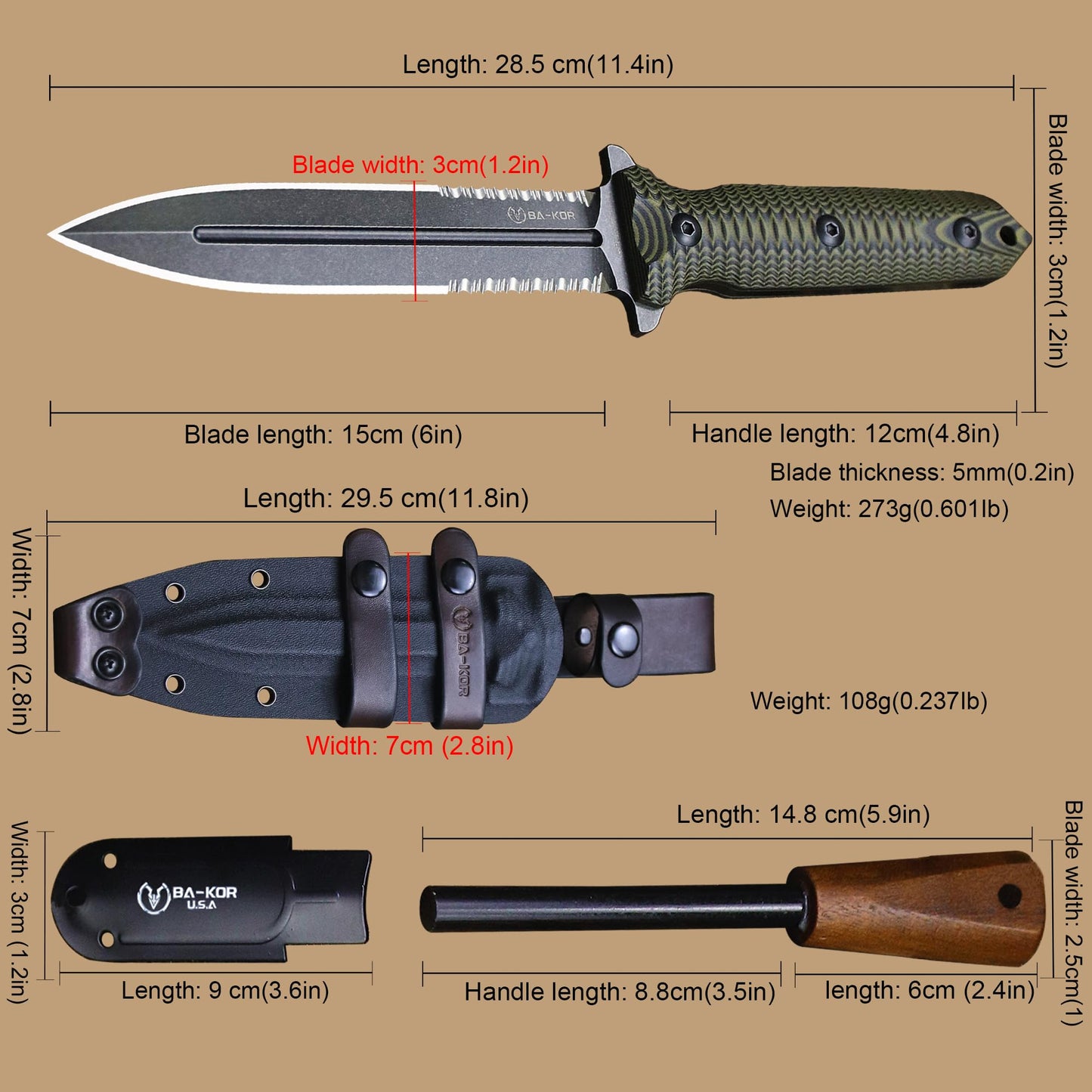 BA-KOR 11.4” Fixed Blade Hunting Knife, CPM 3V Steel Full Tang Survival Knife, 5mm Thick Stonewashed Dual Edge with Partial Serration, G10 Handle, Leather Kydex Sheath & 5.9” Fire Starter