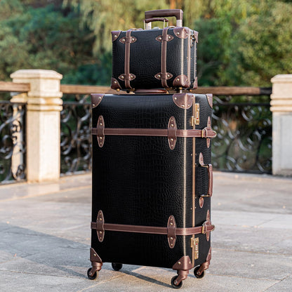 urecity Vintage Luggage Set of 2, Retro Suitcase Trunk with Wheels for Men and Women, Cute Designer Travel Luggage Set with Boarding Tote, Luggage Zipperless TSA Approved (20"+12", Black)