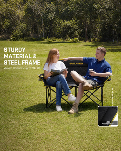 FanttikOutdoor Zeta L11 Duo Pro Double Camping Chair, 2 Person Portable Folding Couch, High Strength Loveseat with Cup Holder & Carry Bag for Travel, Games, BBQ, Backyard, Support up to 600 lbs, Black