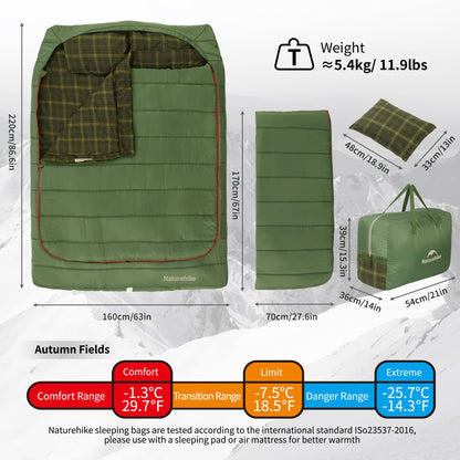 Naturehike Flannel Queen Size Double Sleeping Bag for Adults with Pillows, Doublewide Two Person Sleeping Bag for Couples & Whole Family, All Seasons for Camping, Hunting & Bedding