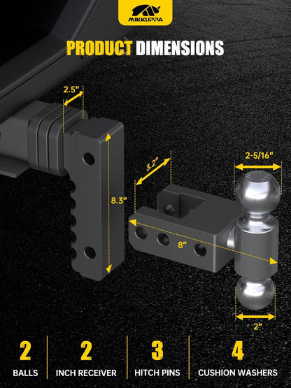 MIKKUPPA Adjustable Trailer Hitch - Fits 2.5" Receiver, 6" Drop/Rise Heavy Duty Aluminum Tow Hitches for Truck with Dual Ball Mount 2" x 2-5/16" (18,500 LBS GTW) and Anti-Theft Locking Hitch Pins