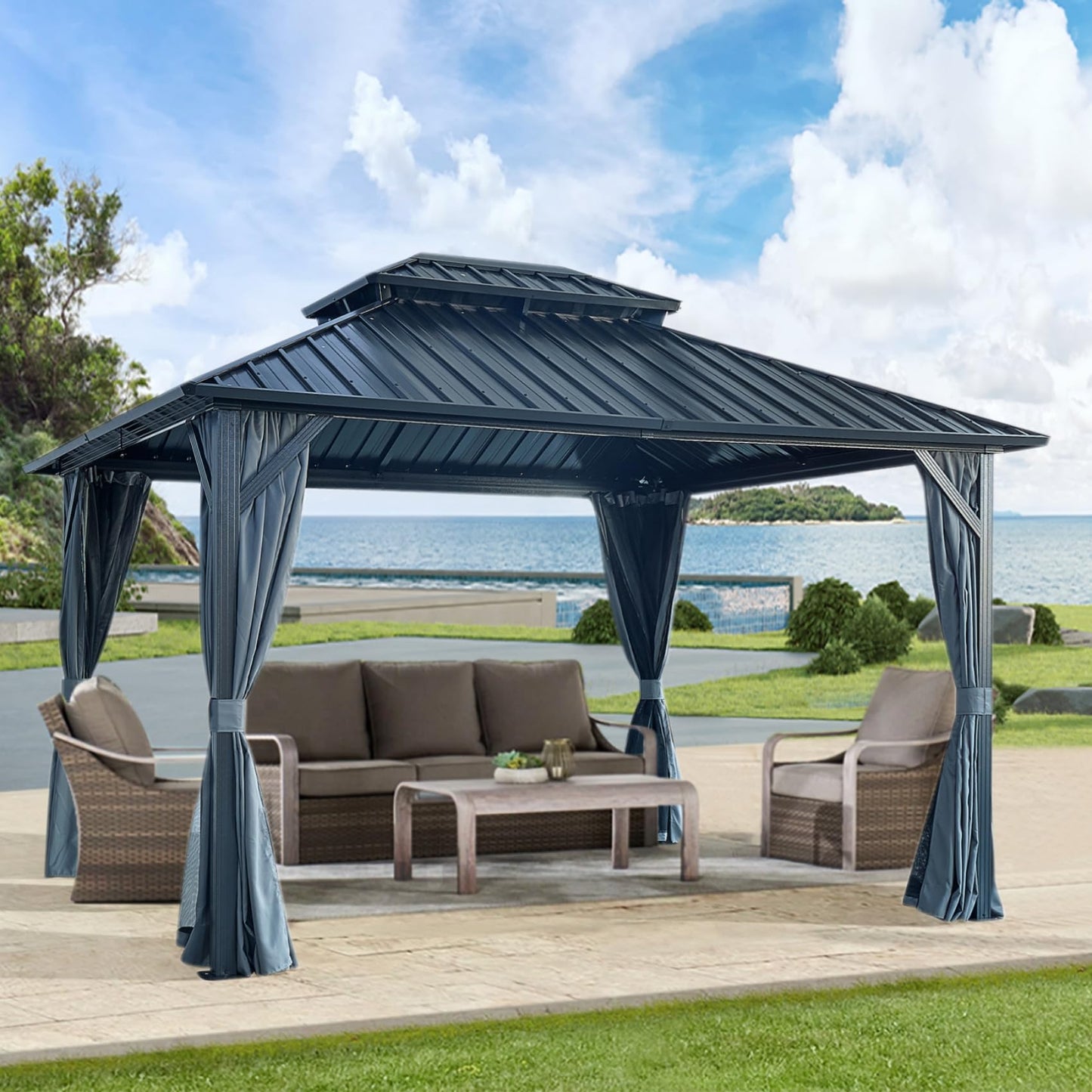 KEIKI 12 * 12FT Permanent Hardtop Gazebo with Netting and Curtains, Double Roof Waterproof Pergola Sunshade Pavilion for Outdoor Patio Lawn Backyard and Garden, Aluminum Frame Galvanized Steel Canopy