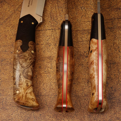 SPIRIT DEED hand forged outdoor camping hunting knife with leather sheath and flint, Sandvik 14C28N steel blade, ergonomic white shadow wood handle