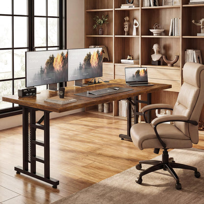 OffiGo Executive Desk, 71 Inch Office Table with Power Ports, Large Computer Desk with 3-Piece Thickened Board for Home Office, Workstation, Rustic Brown (not Adjustable)