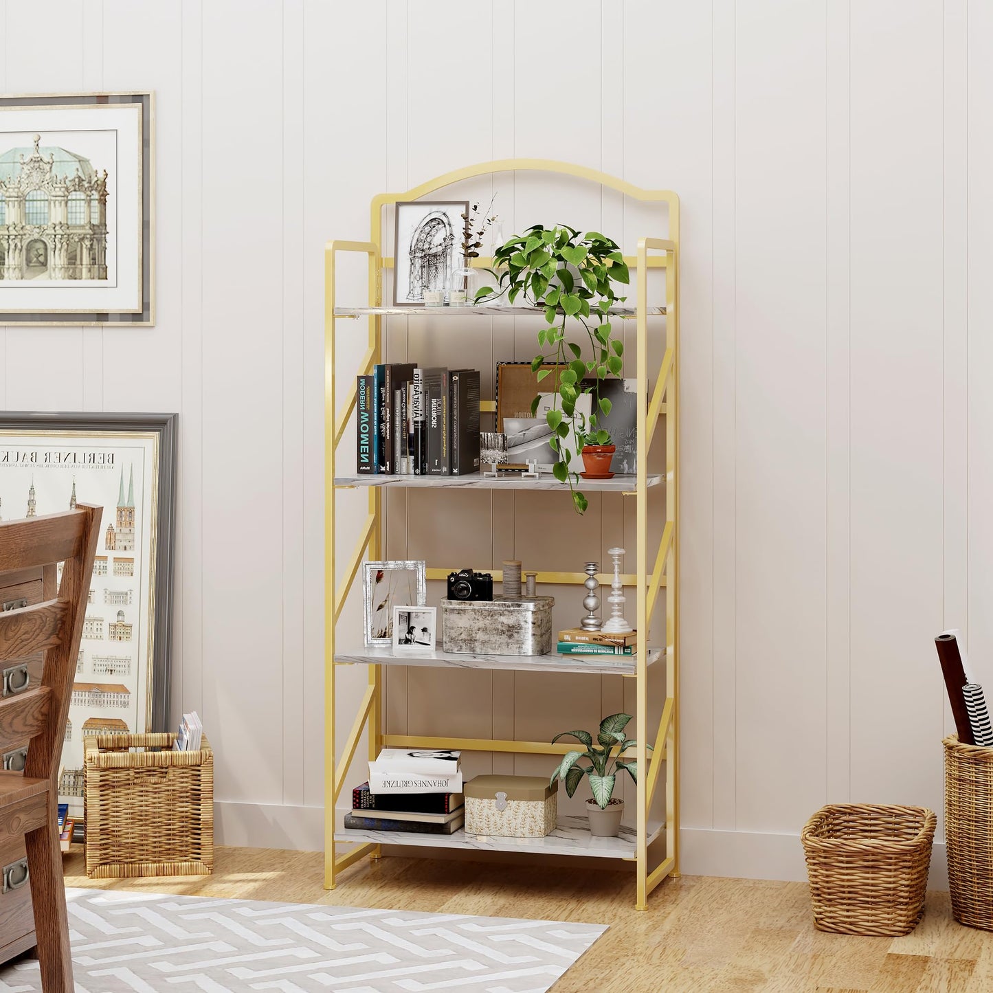 BHG No Assembly Folding Bookshelf for Living Room,Semicircle Collapsible Book Shelf for Home Office, Portable Bookcase Storage Organizer Rack Shelves