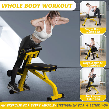 BODYRHYTHM Compact Adjustable Weighted Bench for Full Body Strength Training, Ab/Back Hyper Roman Chair, Adjustable Ab Sit up Bench, Hyperextension Bench, Back Extension Machine (Yellow)