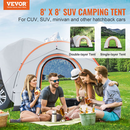 VEVOR SUV Camping Tent, 8'-8' SUV Tent Attachment for Camping with Carry Bag, Waterproof PU2000mm Double Layer Truck Tent, Accommodate 6-8 Person, Rear Tent for Van Hatch Tailgate
