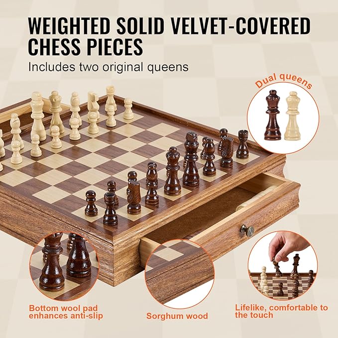 VEVOR Solid Wood Chess Set 15 inch 2-in-1 Chess Checkers Game Set Chess Board Games with Storage Drawer &amp Weighted Chess Checkers Pieces &amp 2 Queens Christmas Crafts Xmas Gift