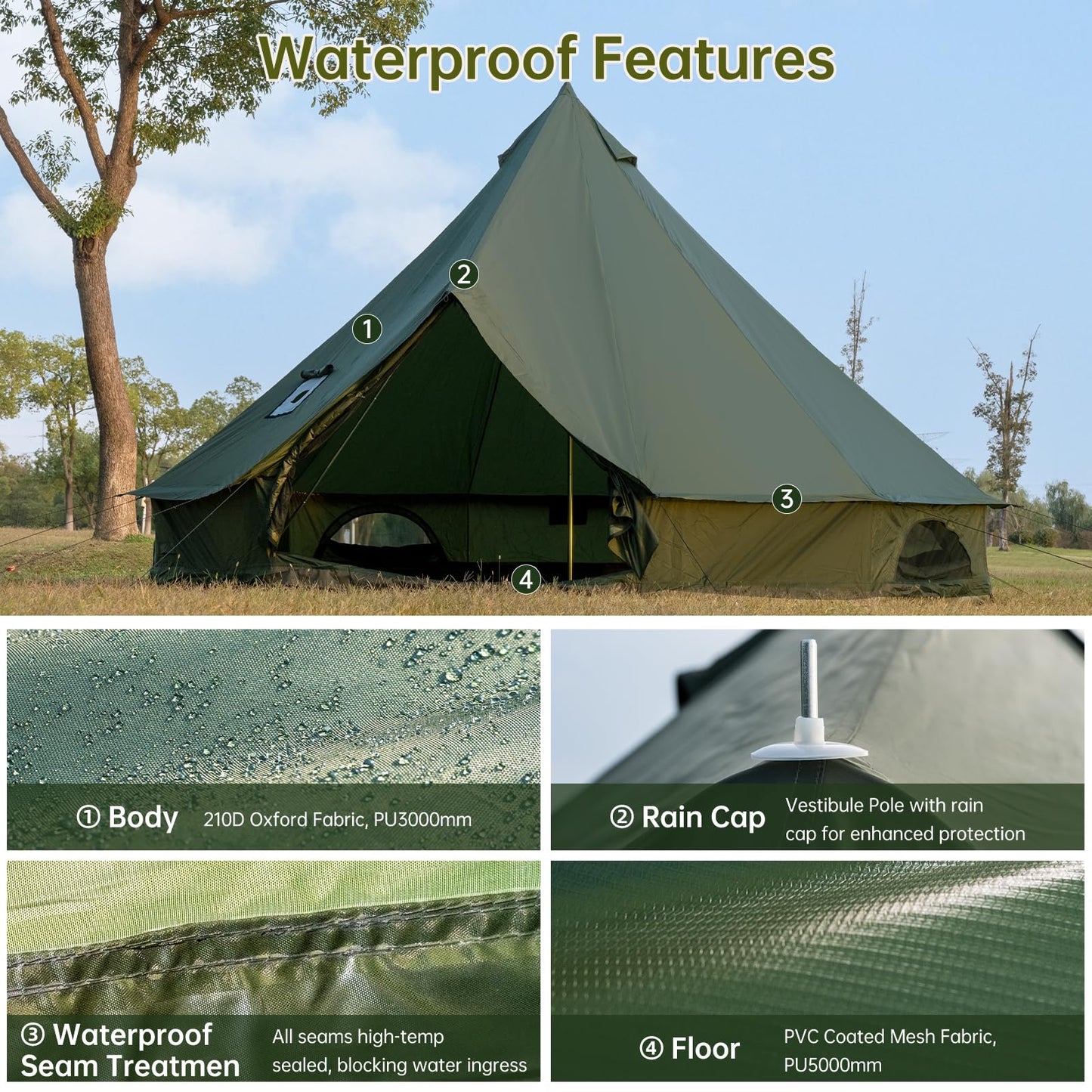 Bell Tent with Stove Jack, Spacious 16.4ft Family Glamping Yurt, 6-8 Person, 4 Season, Easy Setup, Waterproof, Ventilated Outdoor Shelter(16.4ft(Green))