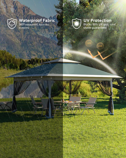 Garveelife Canopy Tent 13x13, Pop Up Gazebo Tent Easy Setup with 4 Sand Bags for Backyard Garden Patio, Mosquito Netting & Height Adjustable - Green