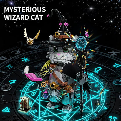 Magic School Wizard Cat Building Set 1458 Pieces Sorcerer Kitten Model Kit with Magic Staff Flying Golden Ball &amp Owl Fantasy Animal Construction Toy Witchy Home Decor Gift for Adults &amp Teens
