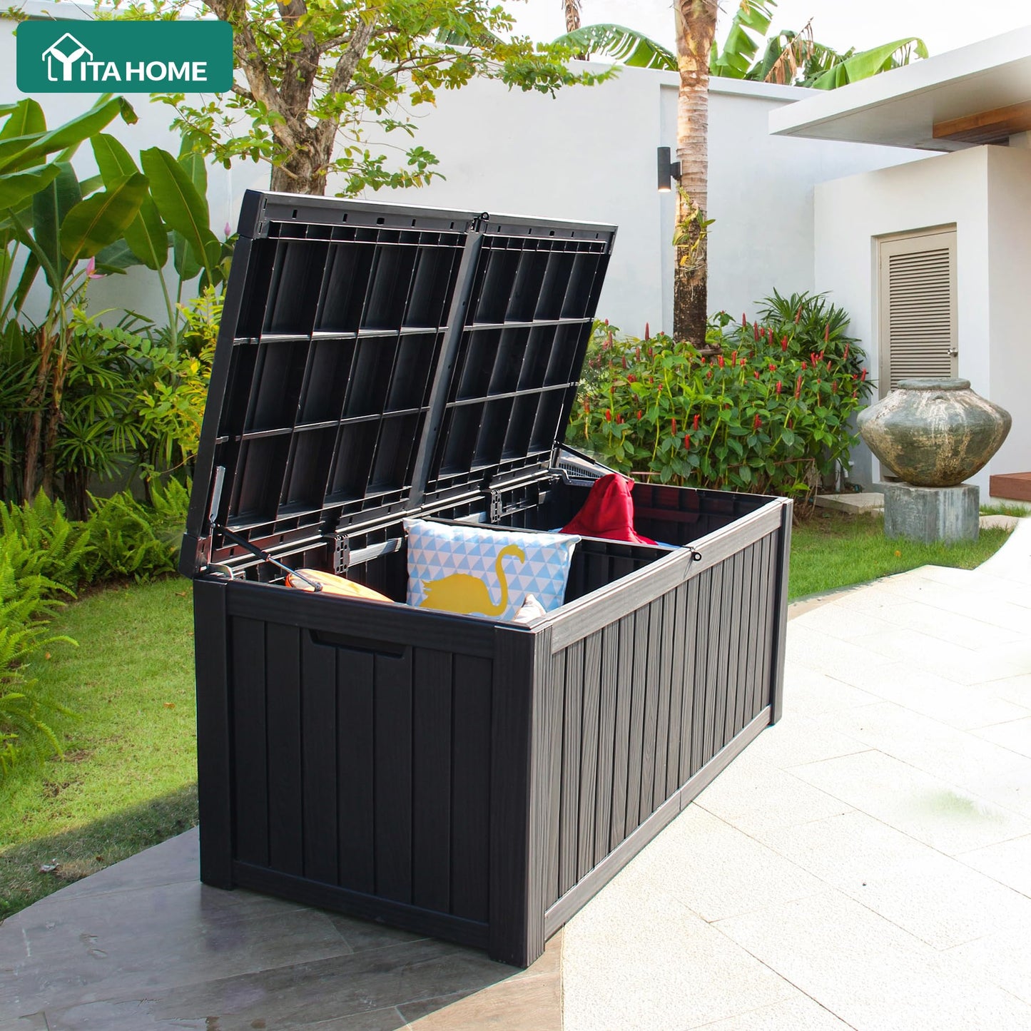 YITAHOME 180 Gallon Large Deck Box w/Divider, XL Waterproof Outdoor Storage for Patio Furniture,Outdoor Cushions, Garden Tools, Sports Equipment and Pool Supplies, Resin, Lockable, Black