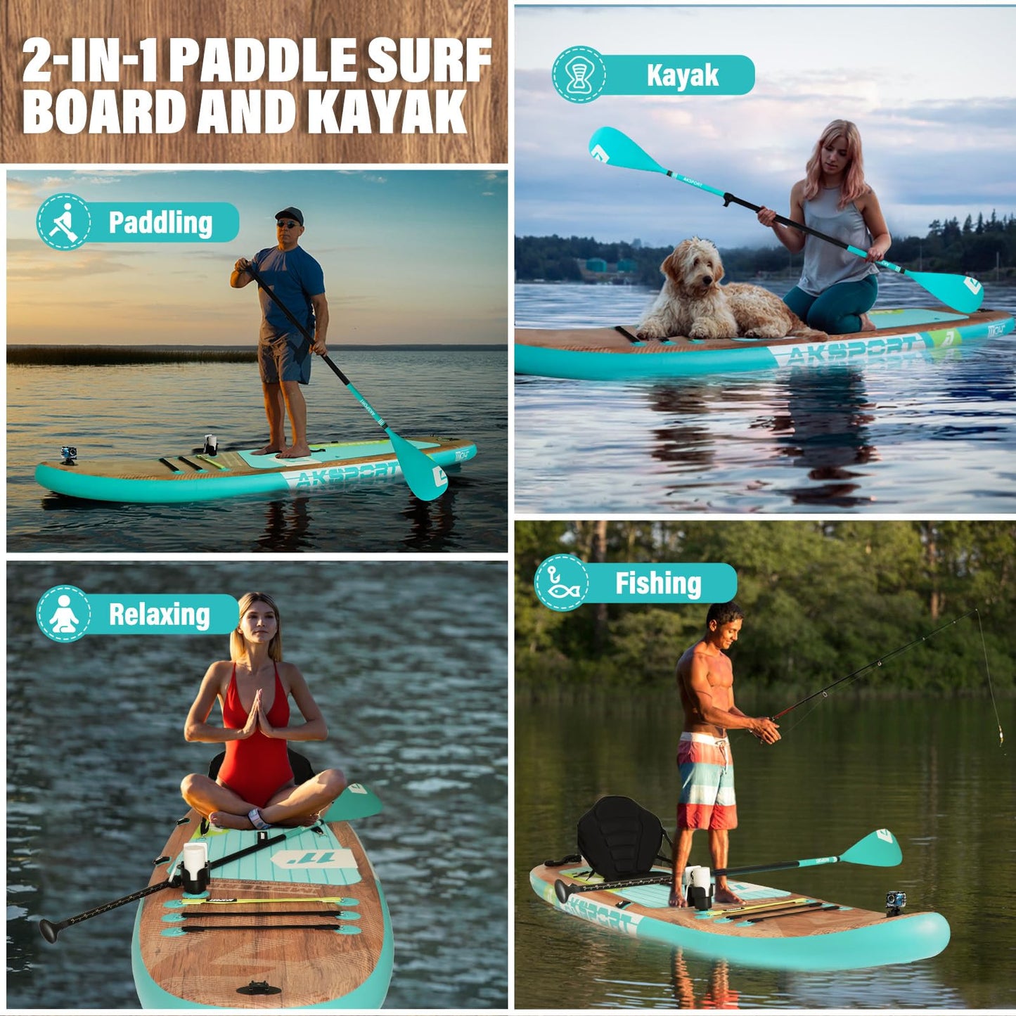 AKSPORT 11' Inflatable Stand-Up Paddle Board with Upgraded SUP Accessories Kit | Extra Wide 34" Design | Non-Slip Deck | Premium SUP Board for Adults & Youth of All Levels