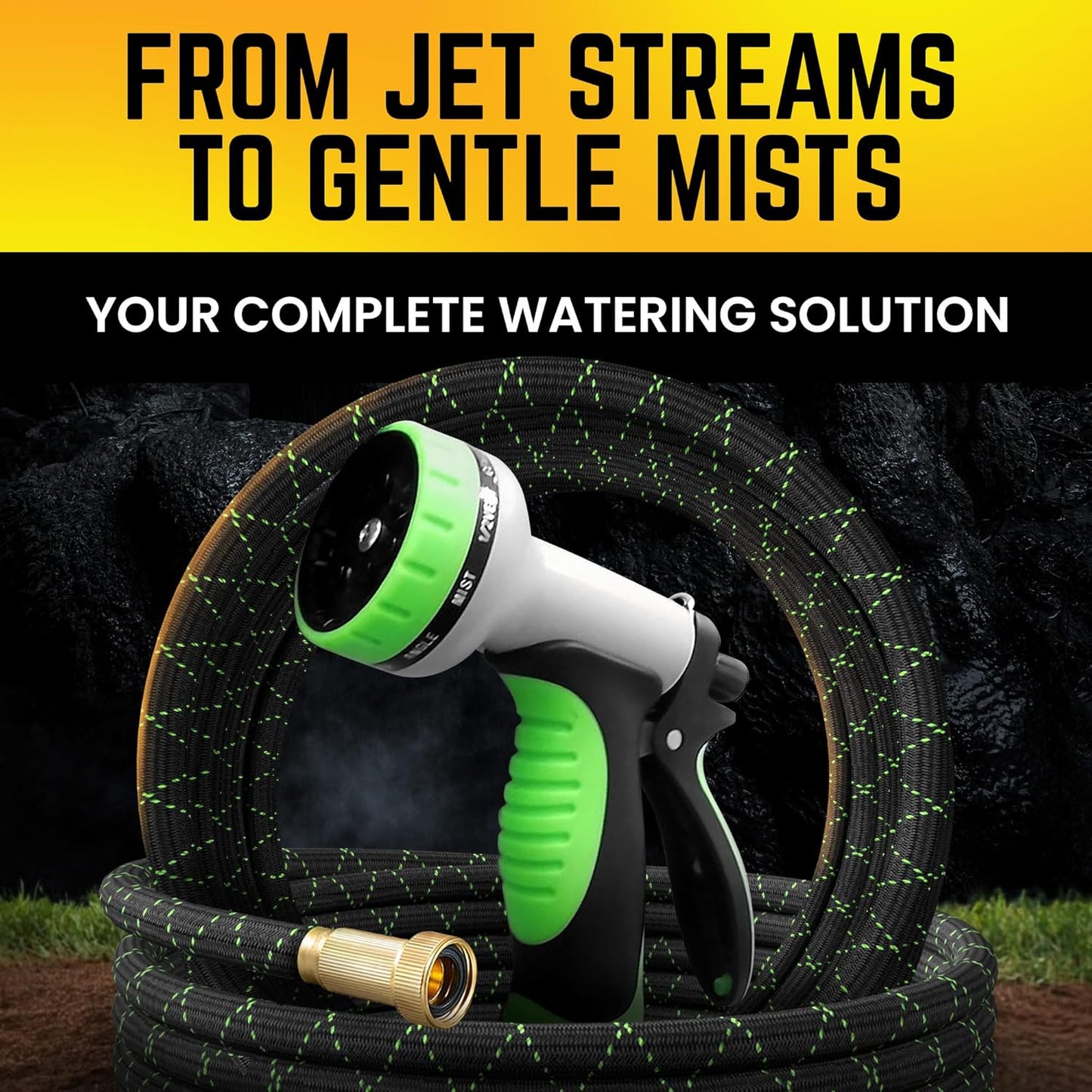 PowerFlow Stainless Steel Garden Hose - 25 Feet Non-Expandable with Durable Fabric Skin & 10-Way Spray Nozzle | Black