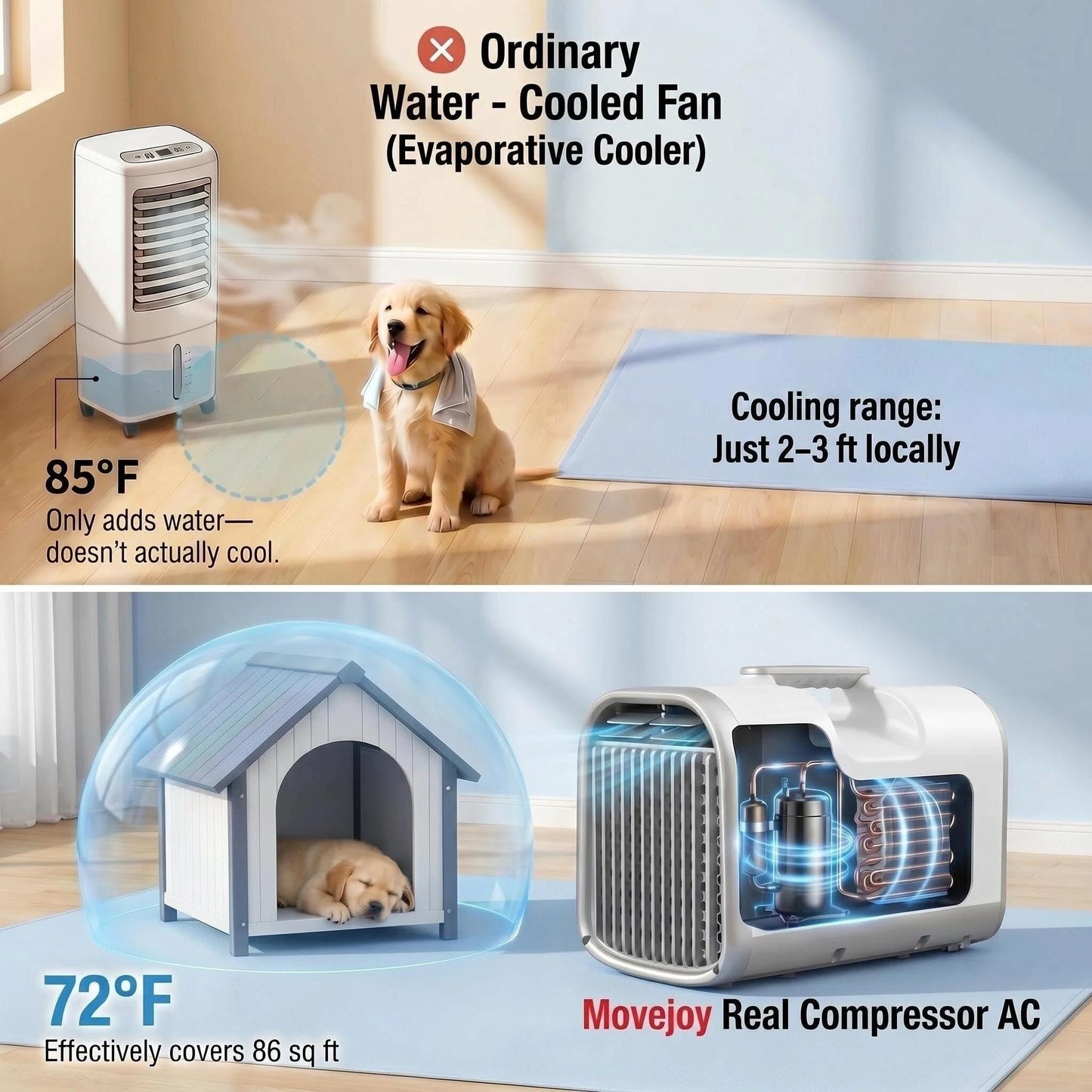 Movejoy 3000 BTU Portable Air Conditioner for Tent Camping, Low Power 400W Quiet 45dB AC Unit for Camping Tents, Grow Tents, Dog Houses, Cat Rooms, Small Spaces – Works with Jackery Power Station