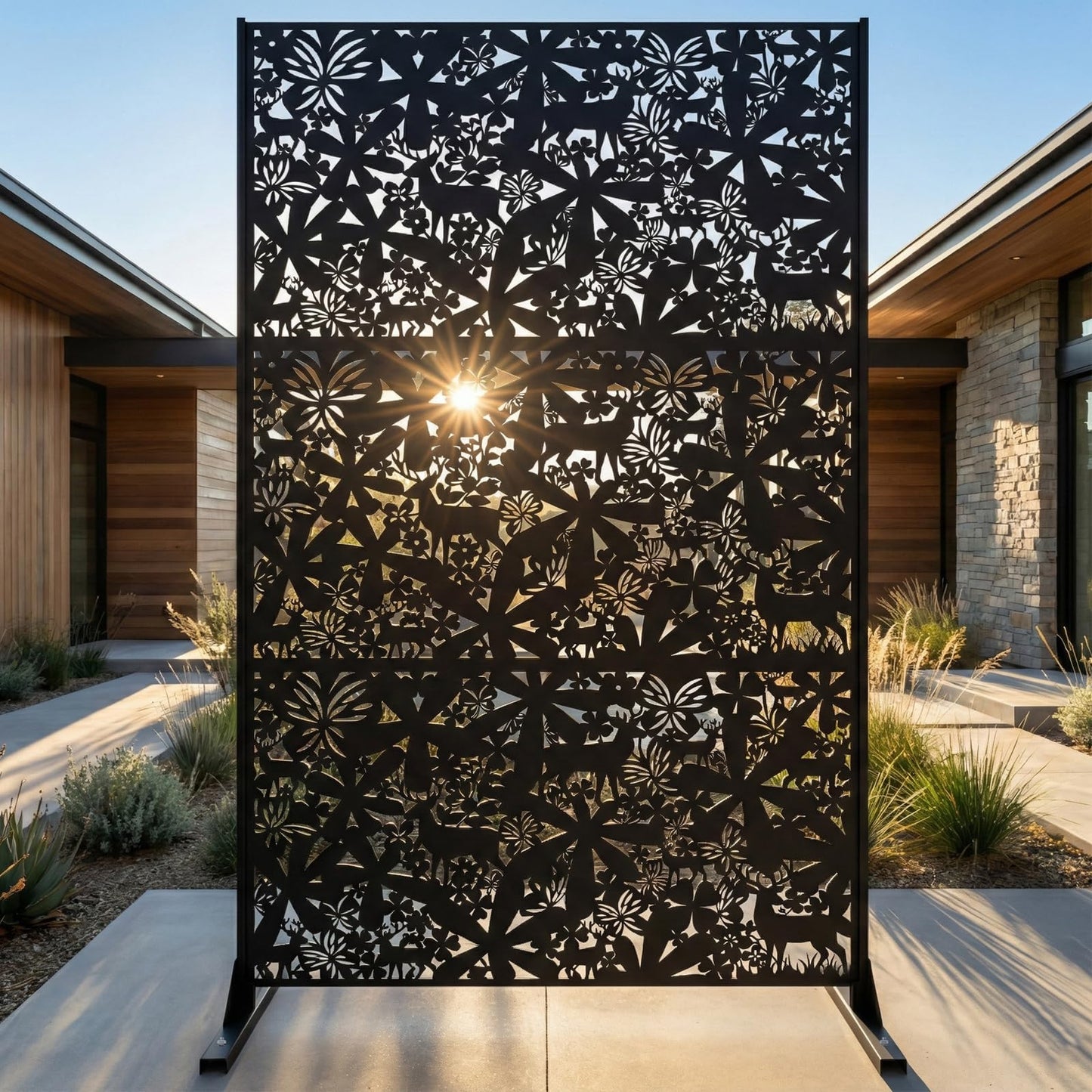 Metal Privacy Screen Outdoor 6FT – Freestanding Laser Cut Steel Garden Divider Panel with Stand, Decorative Modern Privacy Screen for Patio, Deck, Backyard & Balcony, Rustproof & Weather-Resistant