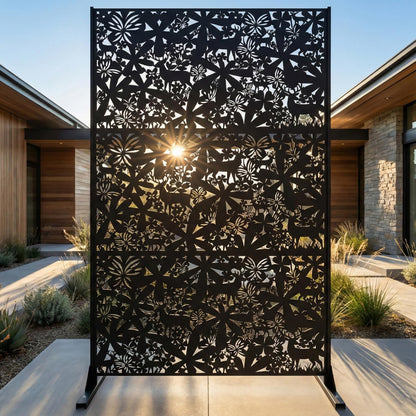 Metal Privacy Screen Outdoor 6FT – Freestanding Laser Cut Steel Garden Divider Panel with Stand, Decorative Modern Privacy Screen for Patio, Deck, Backyard & Balcony, Rustproof & Weather-Resistant