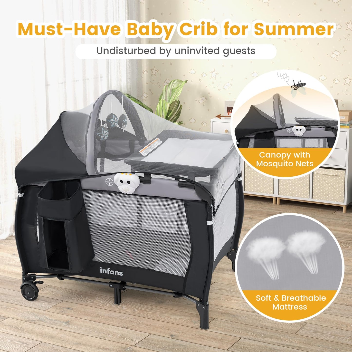 INFANS 4 in 1 Pack and Play, Portable Travel Baby Playard with Bassinet, Changing Table, Canopy, Mosquito Net, Hanging Toys, Music Box, Storage Bag, Large Playpen from Newborn to Toddlers (Black)
