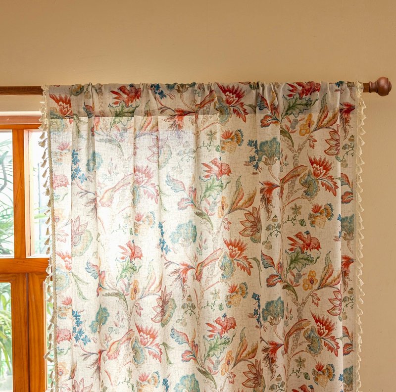Boho Jacobean Curtains for Living Room 84 Inch Length Colorful Watercolor Bohemian Floral Pattern Linen Window Curtain Panels with Tassel Farmhouse Shabby Chic Drapes Set of 2 W50 x L84 Blue Red