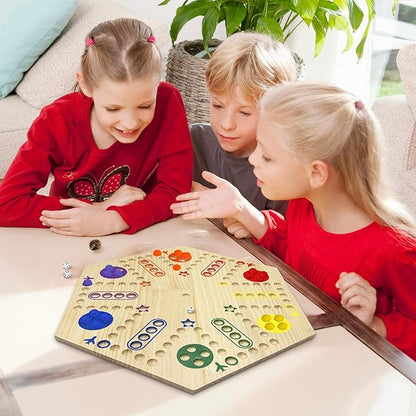 Wooden Wahoo &amp Board Game – Double-Sided Painted Fast Track Game for 4 to 6 Players with 30 Marbles and 6 Dice Ideal for Family Game Night and Friends Gatherings (Wooden)