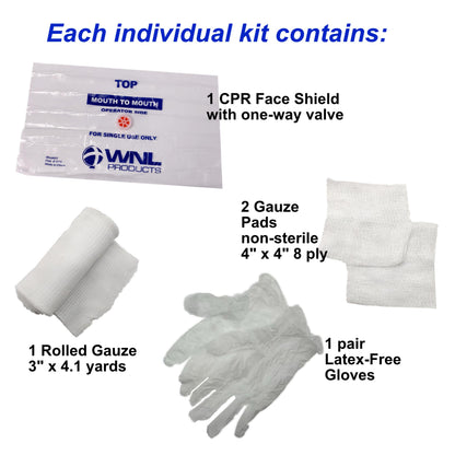 WNL Products 1402SF 100 Pack First Aid & CPR Training Kits for Students, Includes CPR Training Face Shield, Guaze Pads, Latex-Free Gloves & Bandages, 100 Pack